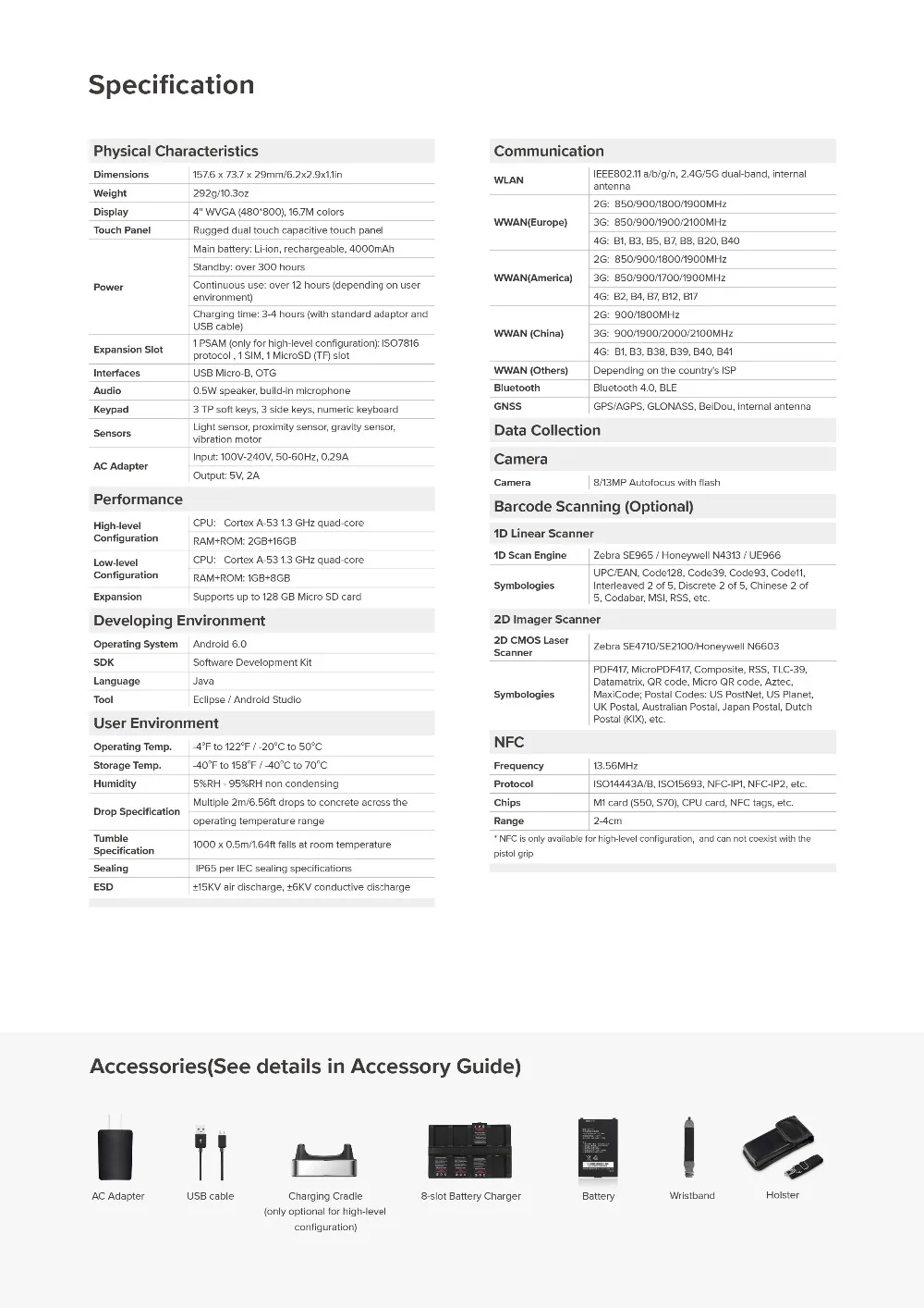 Leitor sem Fio Áspero do Código de Barras do Terminal Coleção de Dados do Armazém 2d do Coletor de Dados de Android Wifi Bluetooth Gps Nfc Pda 1d 4g 4 Leitor sem fio áspero do código de