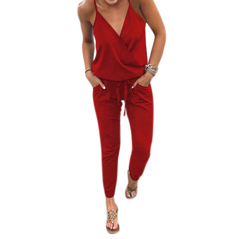 Summer Sexy Backless Jumpsuits Women Strap Party Clubwear Jumpsuits Lace-Up Slim Overalls Jumpsuit With Pocket Red Blue Black