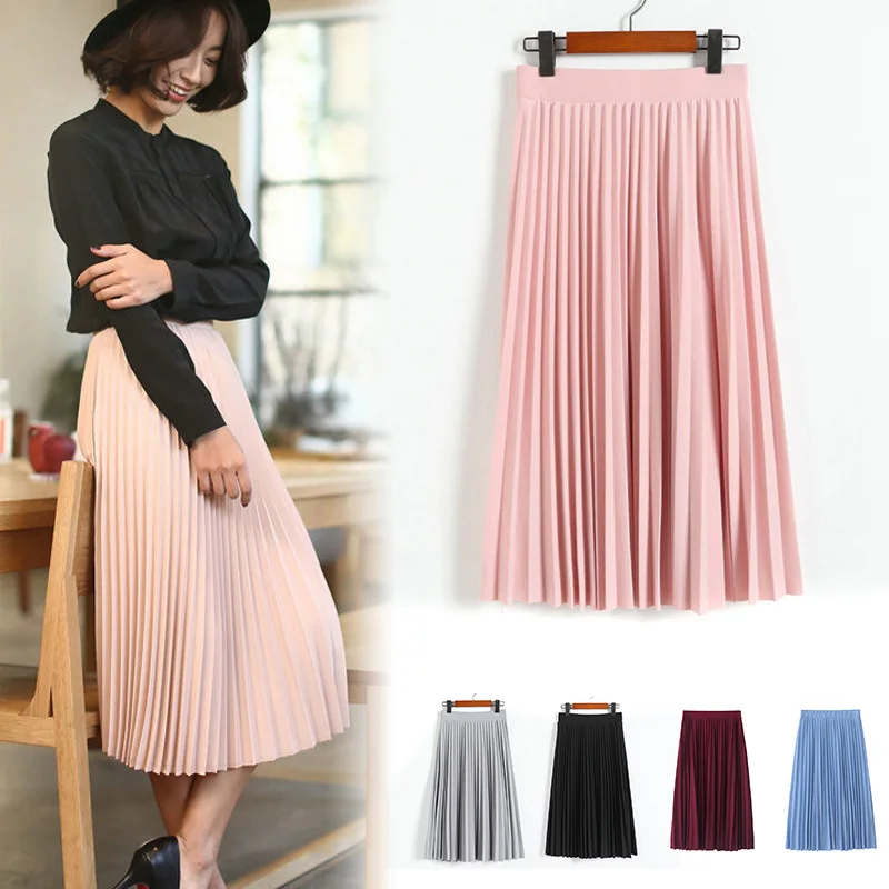 Для женщин леди c высокой талией, эластичные однотонные Цвет плиссированная юбка средней длины для вечерние праздничные нуз магазин