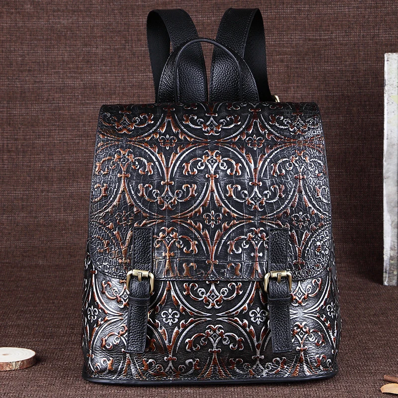 

Retro Genuine Embossed Leather Backpack Women Rucksack Travel Ladies Knapsack Girls School Book Bag Luxury Female Daypack