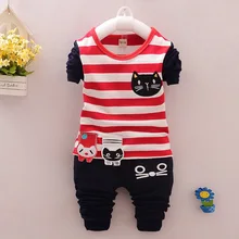 0-5 Ages 2016 Spring Top Casual Kids Suits Cute Cat Striped Tshirt + Pants Children Boy Girl Suits Cotton 2colors Kids Clothes