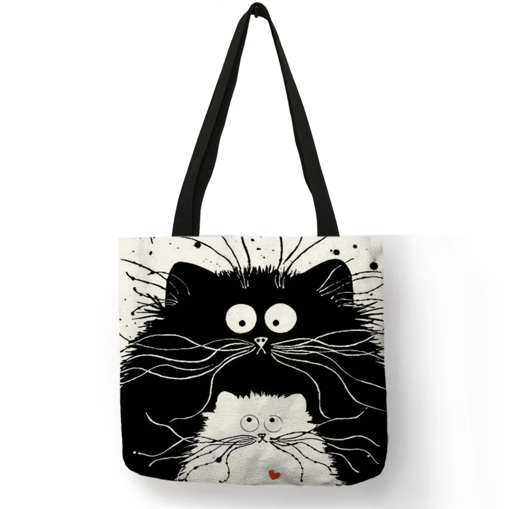 Customized Cute Cat Printing Women Handbag Linen Tote Bags with Print Logo Casual Traveling Beach Bags