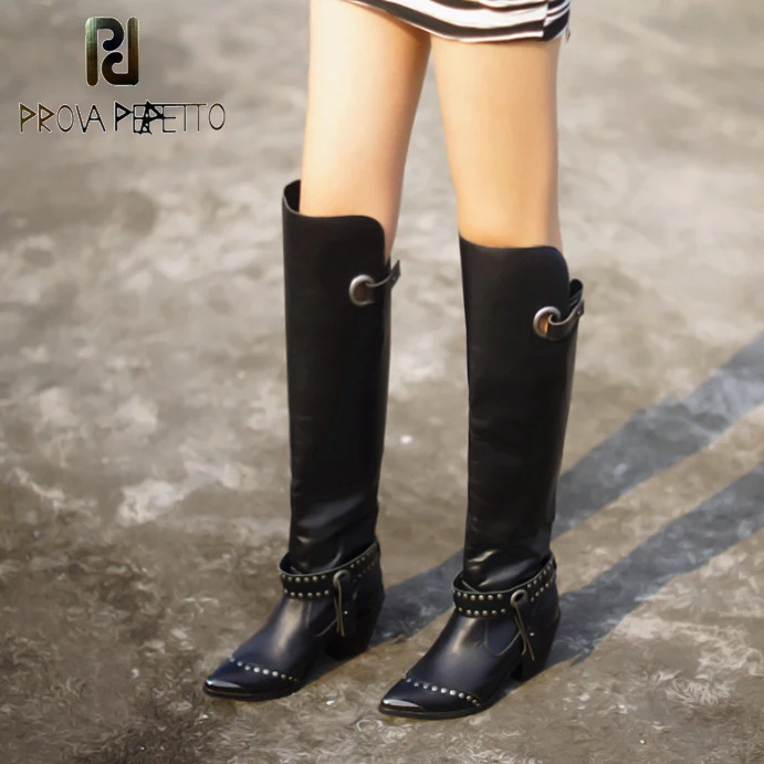 

Prova Perfetto Rivet Pointed Toe Women Thigh High Boots Genuine Leather Over the Knee Boots Autumn Winter Chunky High Heel Boots