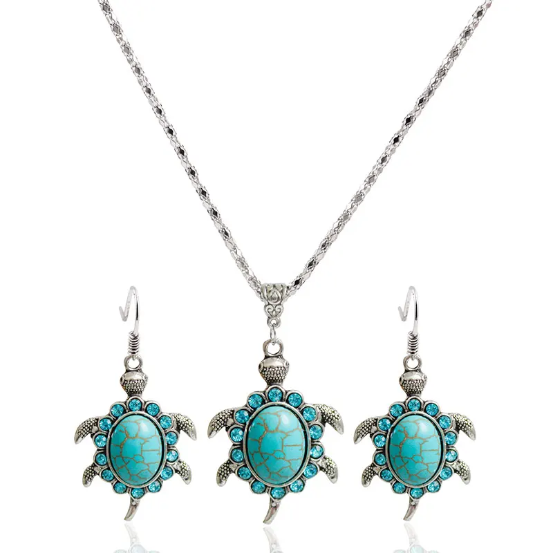 

F&U Vintage & Antique Silver Color Turtle Shaped Green Necklace and Earrings Jewelry Set for Women