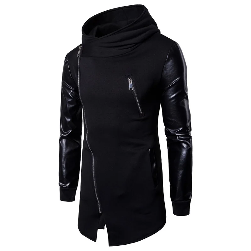 

WENYUJH New Harajuku Mens Casual Hoodie Jackets Pu Leather Patchwork Motorcycle Long Outwear Coat Zipper Irregular Rock Coats