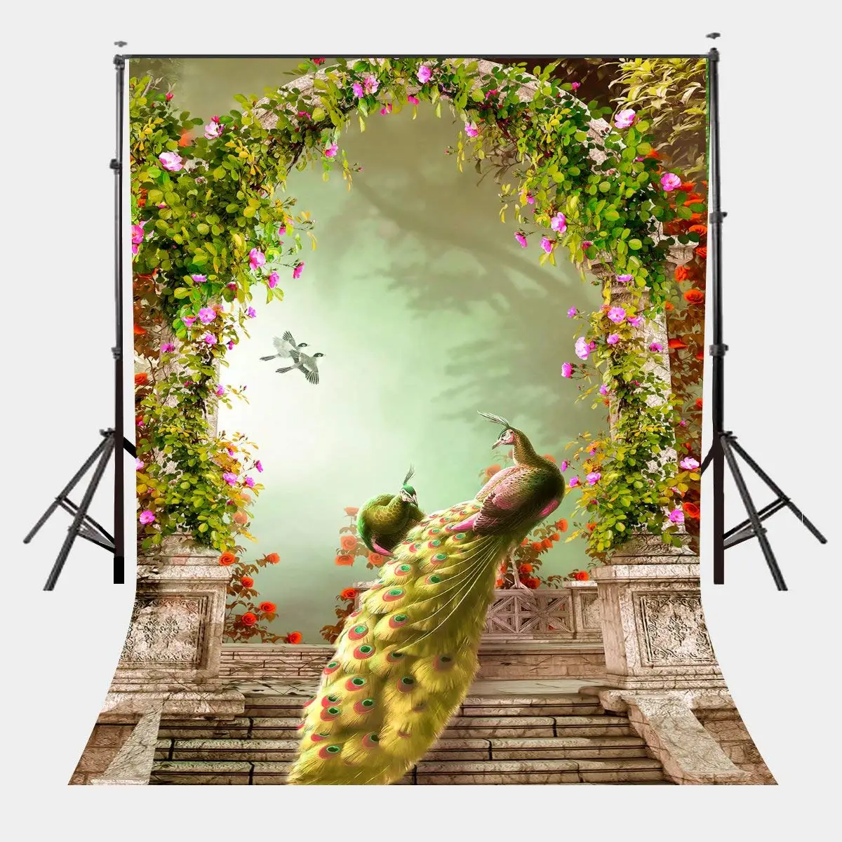 

150x220cm Artist Beautiful Garden Backdrop Coupled Pretty Peacocks in the Garden Full of Spring Photography Background