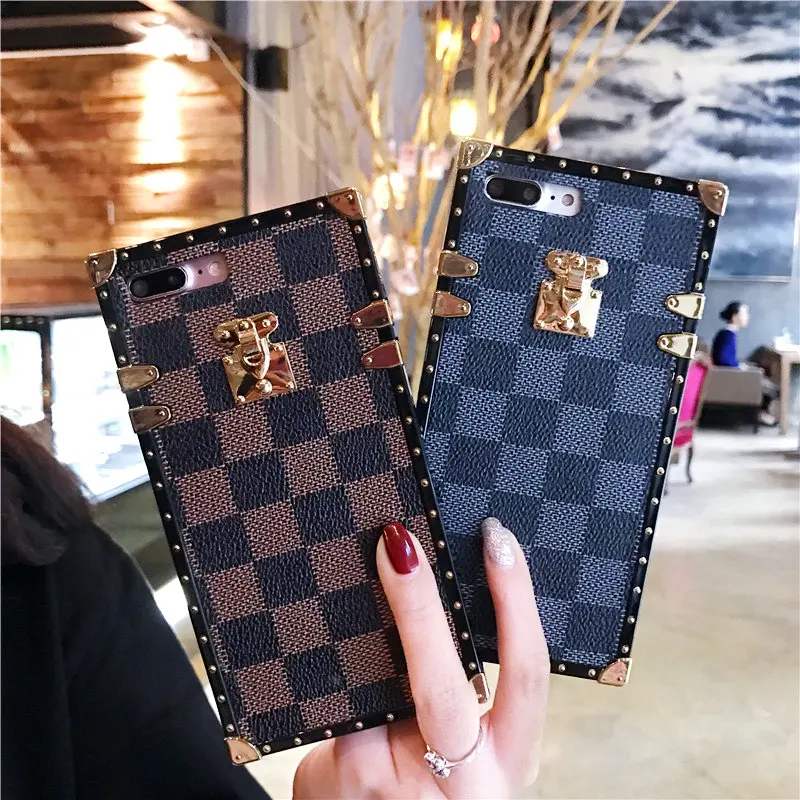 

Luxury PU Leather Phone Cases for iphone X 6 6s 7 8 Plus Xr Xs max Fashion Square Lattice Vintage Phone Back Cover Coque Case