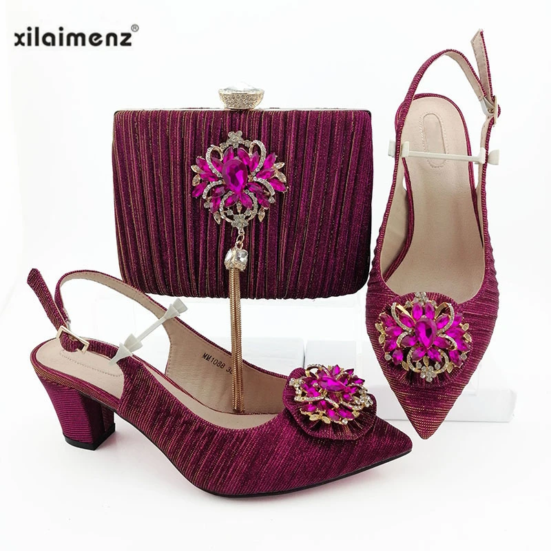

Magenta Color Italian Sandals and Clutch To Match Nigerian Shoes and Matching Bag African Low Heels Wedding Shoes