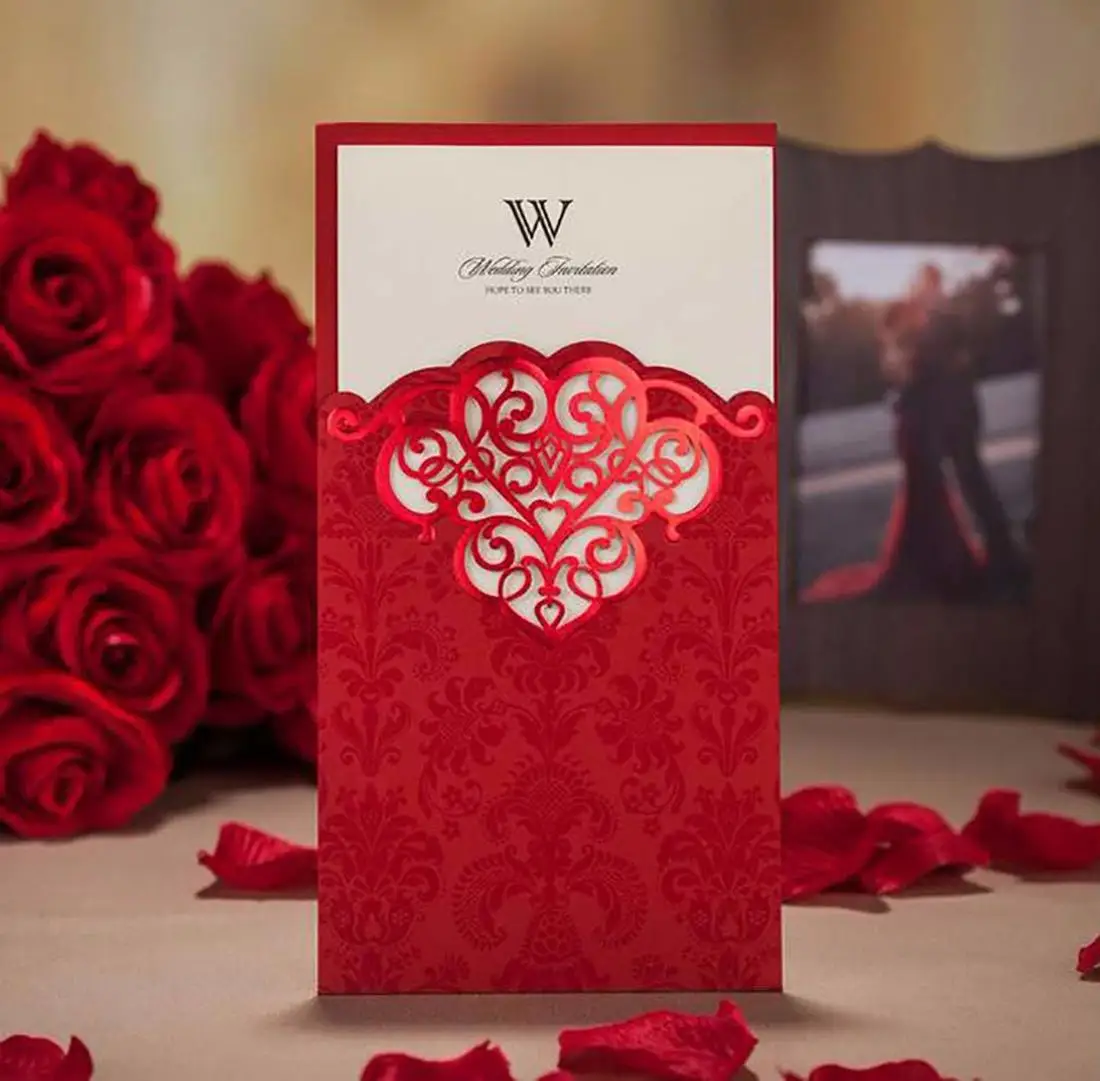  Screen Printing & Bronzing Red & Gold Laser Cut Wedding Invitations Birthday Invitation Marriage wi - 32990782883