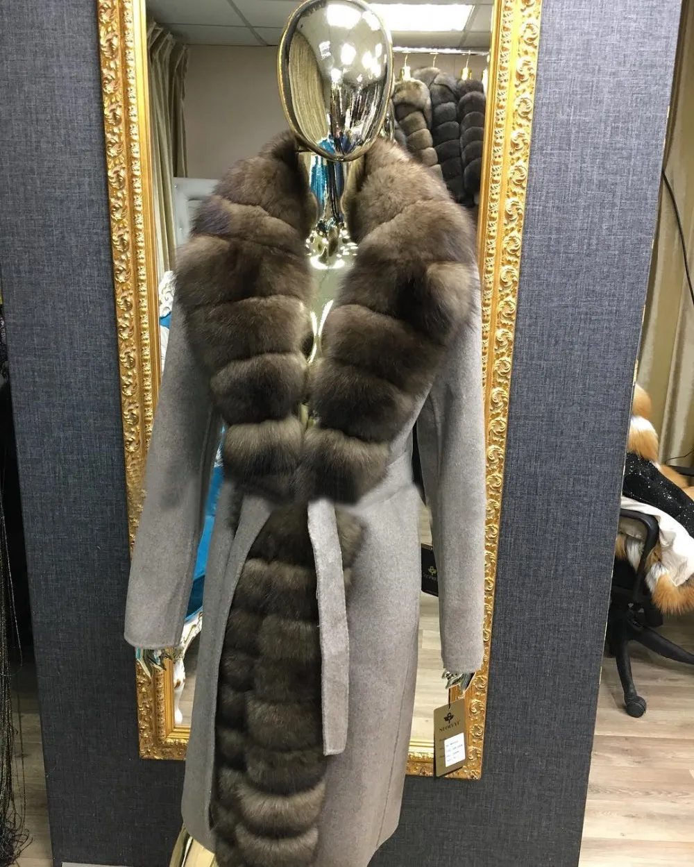 Fashion Double-sided Woolen Blend Natural Real Fox Fur Coat With Belt Genuine Leather Jacket Women New Real Fur Jacket Women