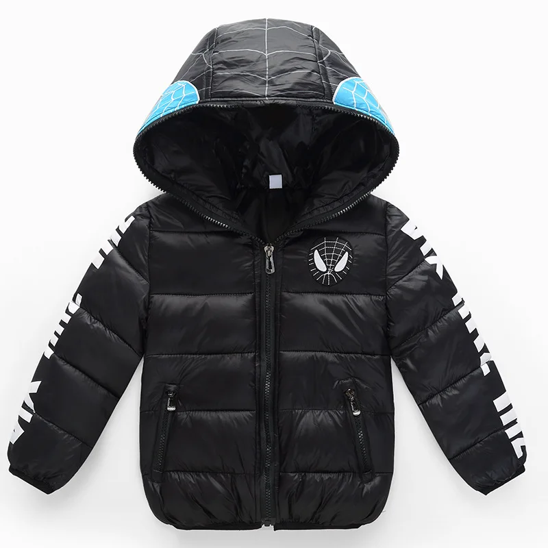 Зимняя куртка-пуховик высокого качества для мальчиков и девочек; верхняя одежда; Детские Пуховые Пальто с капюшоном на молнии с человеком-пауком; теплая одежда для маленьких мальчиков