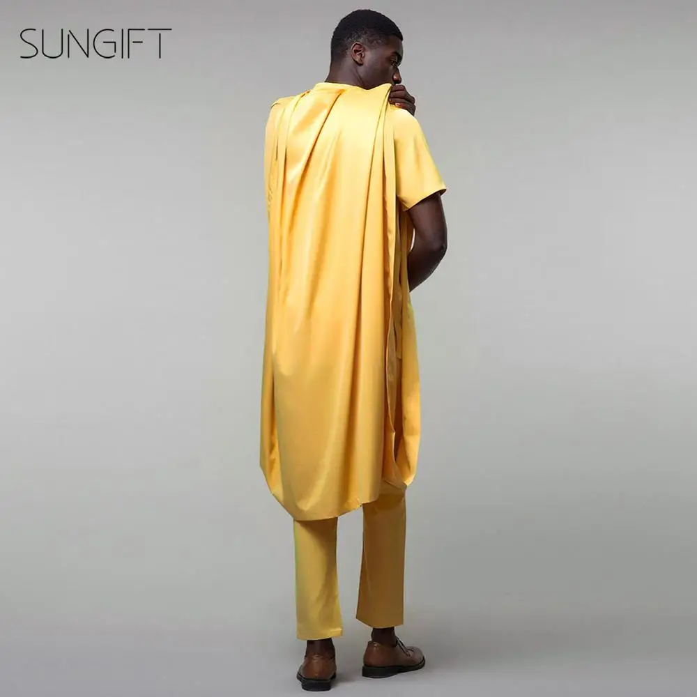 SUNGIFT мужской африканский узор с коротким рукавом Agbada Топ dashiki желтые рубашки и брюки размера плюс удобный костюм 3 шт