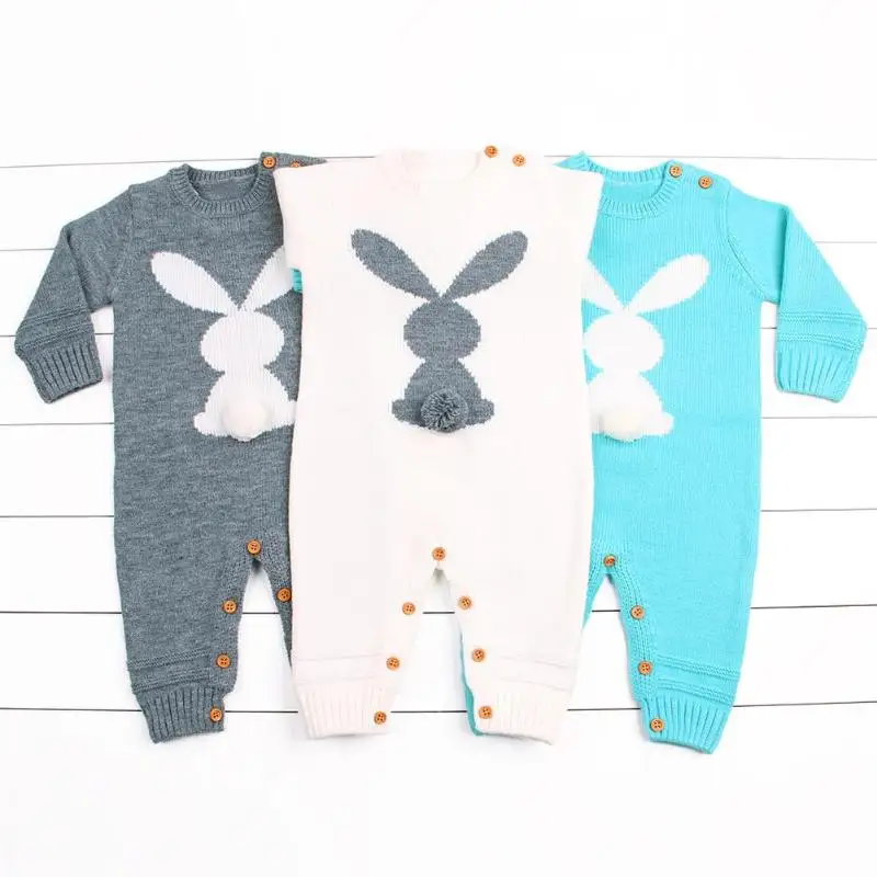 Для маленьких девочек зимняя одежда для мальчика с рисунком кролика Вязаный комбинезон-кролик, милая толстовка с длинными рукавами для детей ясельного возраста комбинезон, костюм комбинезоны для девочек в возрасте от 0 до 24 месяцев
