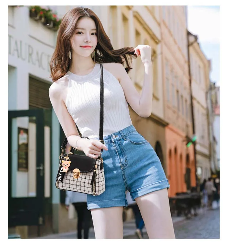 Women PU leather Plaid Bucket Handbag Fashion Panelled Small Printing Crossbody Shoulder Bag Female Elegant Bear Tote Purse Bags (3)