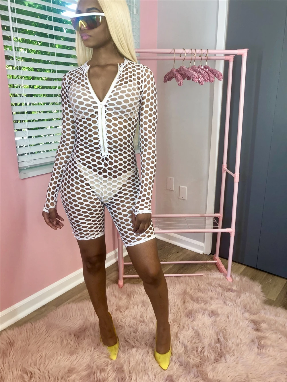 Women Rompers Net Mesh Hollow Out Jumpsuit Summer Short Overalls Jumpsuit Female Long Sleeve Zipper Playsuit
