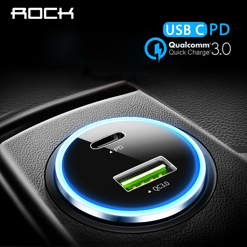 

PD QC 3.0 Car Charger, ROCK Dual USB Car-Charger For iPhone X 8 7 6 Samsung Xiaomi Type C PD Quick Charge 3.0 LED Indicator