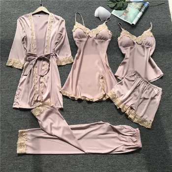 

2020 Women Pajamas 5 Pieces Satin Sleepwear Pijama Silk Home Wear Home Clothing Embroidery Sleep Lounge Pyjama with Chest Pads