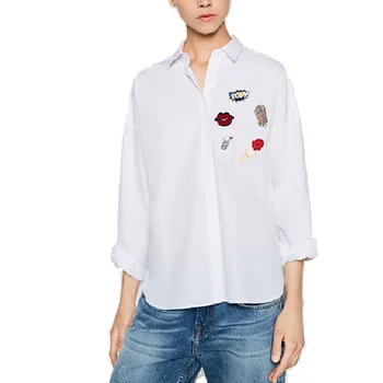 Women cute lip popcorn loose striped blouse cotton oversized Icecream drinks patch shirt long sleeve work office wear top LT1043