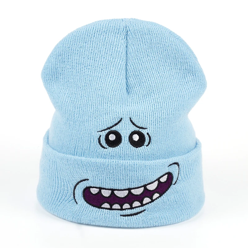 

Mr. Meeseeks Winter Knitted Hats Rick and Morty Anime Caps Warm Light Blue Lovely Beanie Outdoor Sport Skiing knit Hats Skullies