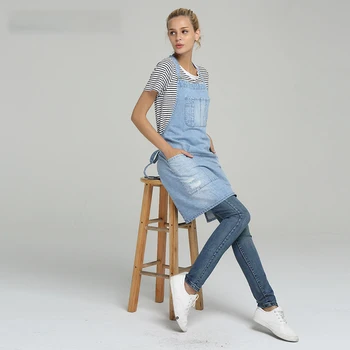 

Fashion denim apron cotton adult creative neck hanging waist cafe shop men and women overalls restaurant kitchen cooking aprons
