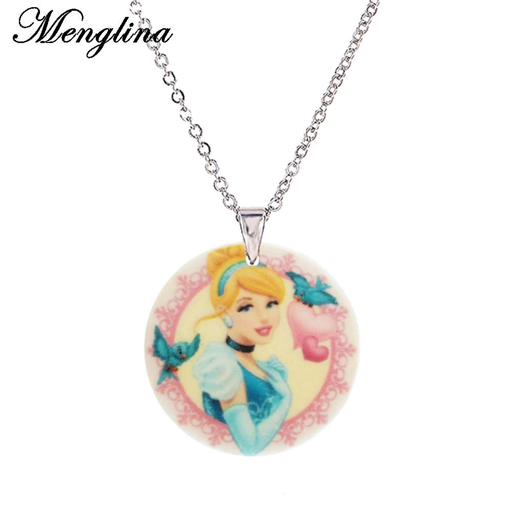 

Menglina Cute Acrylic Cartoon Princess Little Girl Necklaces & Pendants Silver Tone Chain Flatback Resin Princess Charm Necklace