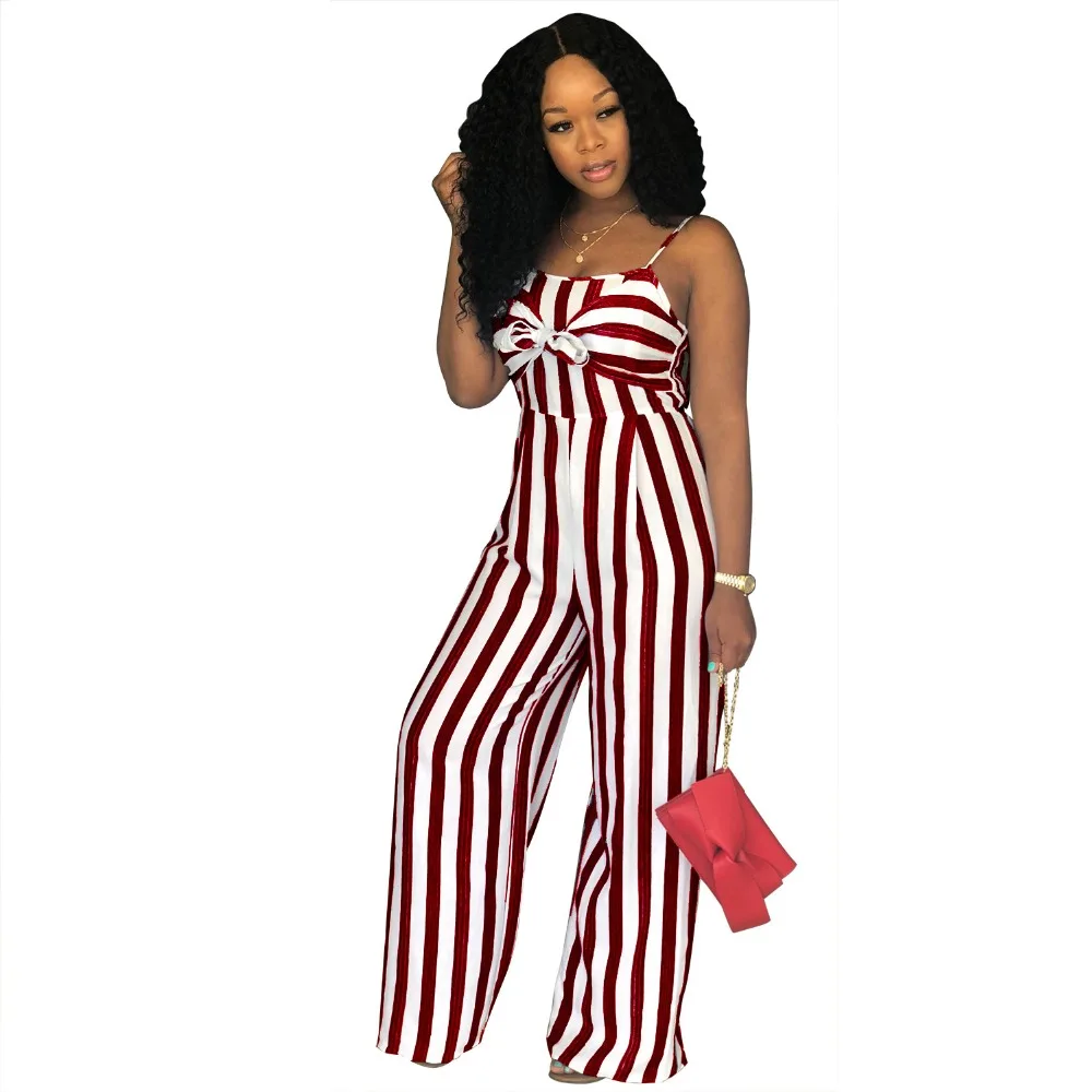 Loose Striped Jumpsuits Spaghetti Strap Wide Leg Rompers Womens