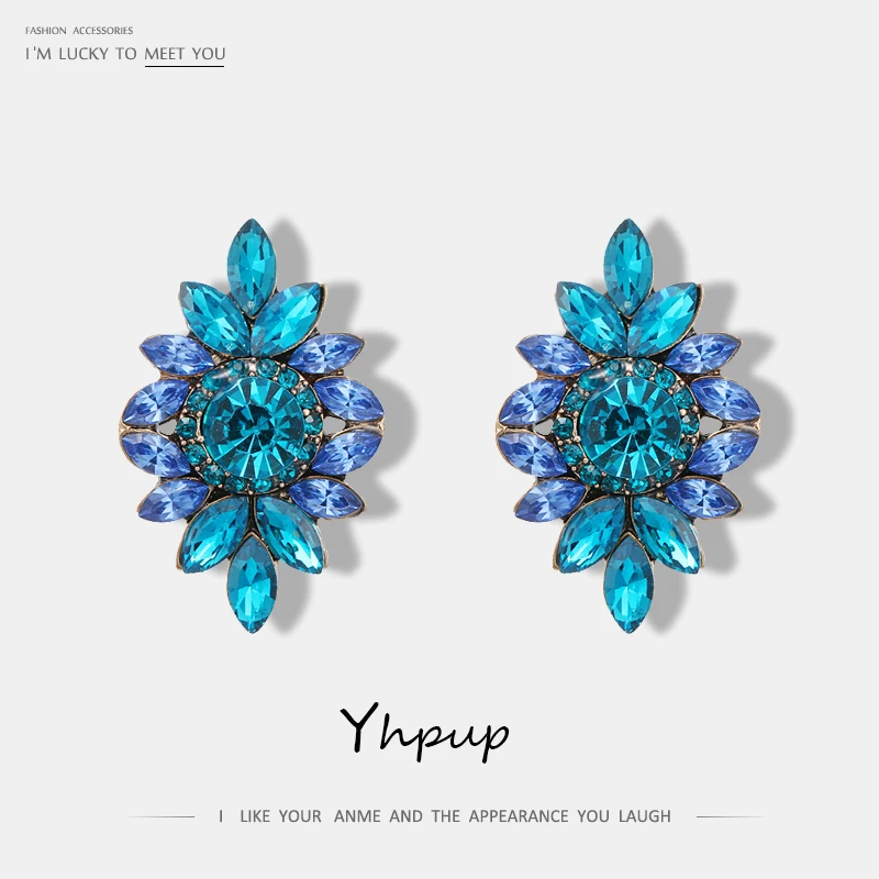 Yhpup Роскошные элегантные красочные романтические стразы серьги-гвоздики в виде цветка для женщин новые модные массивные серьги из бижутерии ювелирные изделия