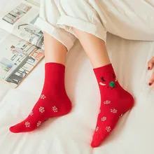 Рождественские красные хлопковые носки зимние теплые рождественские подарочные модные красные носки с изображением оленя, кота, подарок на год, милые повседневные носки