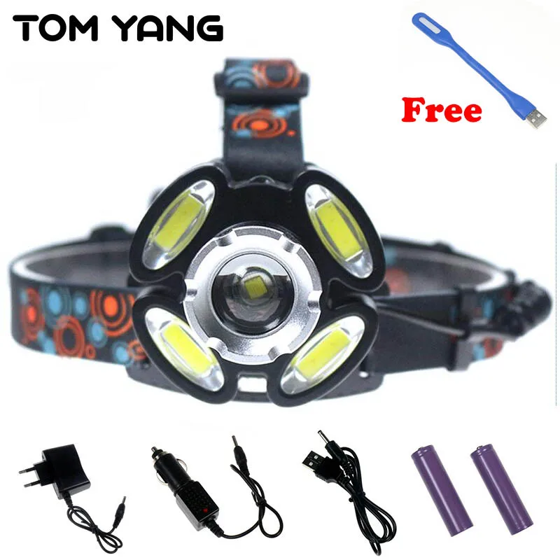 

16000LM USB Rechargeable LED Headlamp Flashlight Cree XML-T6 COB Zoomable 5 LED Headlight Head Lamp 18650 Battery Fishing Light