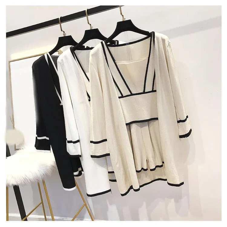 

2019 3 Pieces Sets Summer Women Knit Suspender Vest Top Loose Cardigan Wide-Leg Shorts Set Knitted Tank Short Pants Set