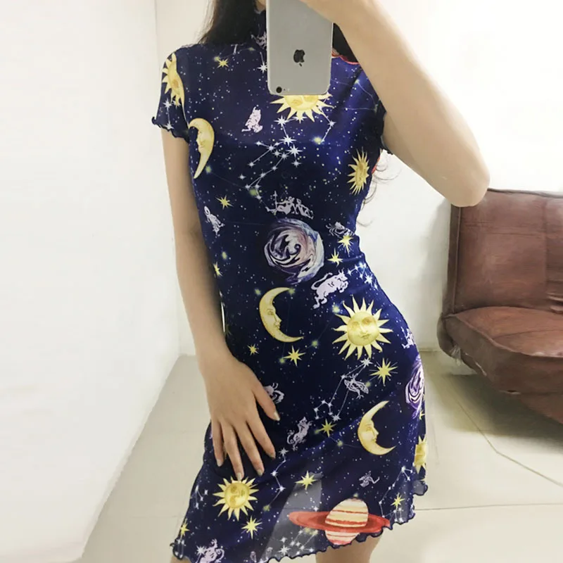 Сексуальное женское платье-водолазка из прозрачной сетки, летняя луна, звезды, солнце, с принтом, мини-платье трапециевидной формы, прозрачное черное, Синее Короткое платье Vestidos