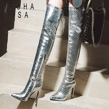 

ORCHA LISA Shoes women super high heel Over knee boots womens glitter Thigh high boots Pointed toe Botas feminino mujer