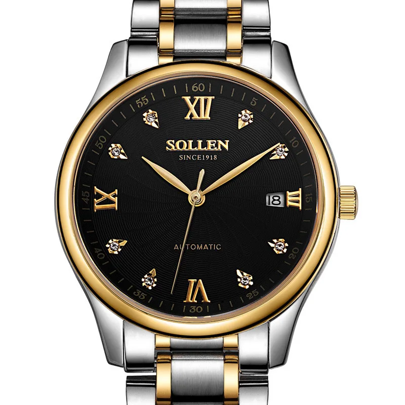 

SOLLEN Brand automatic mechanical watch men steel strip with ultra-thin watches waterproof leather male casual wristwatches
