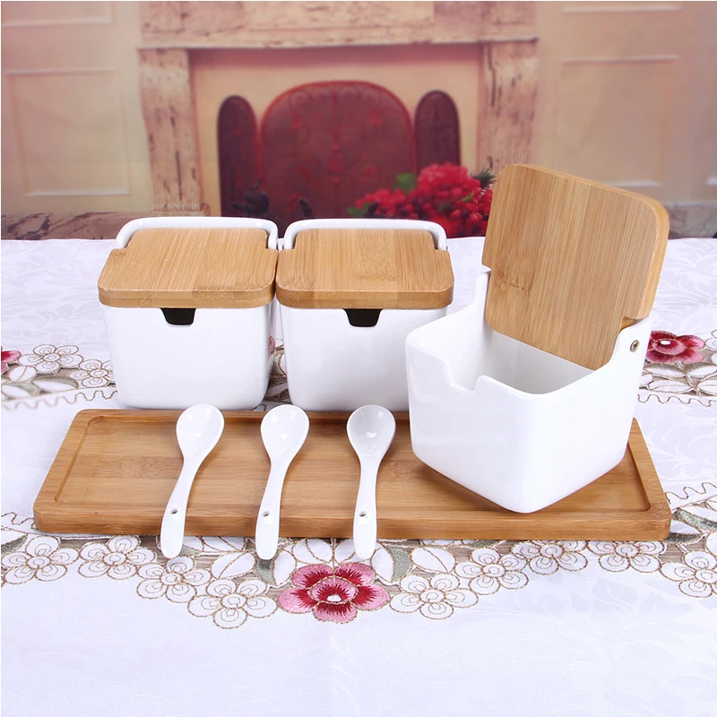 

NHM Ceramic seasoning pot set with bamboo and wood cover base of simple type bone porcelain seasoning pot set