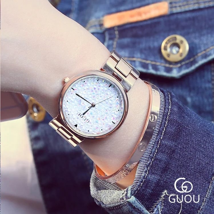 

GUOU Luxury Women Dress Watches Full Steel Diamonds Crystal Rose Gold Ladies Fashion Wristwatches Female Watch Relogio Feminino
