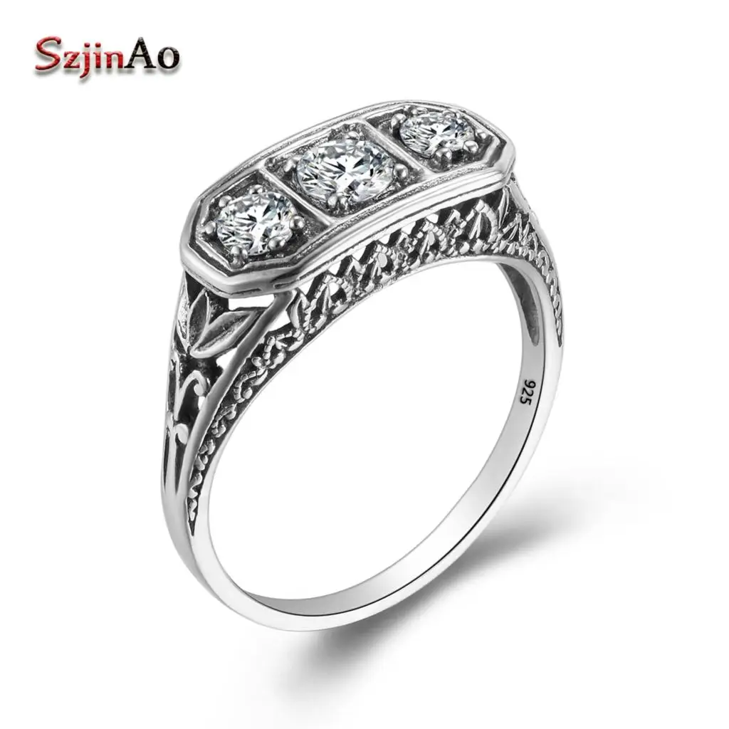 Szjinao, бренд, чистое 925 пробы Серебряное кольцо, 3 Драгоценных Камня, CZ, коктейльное, свадебное, винтажное, кольцо на палец для женщин, хорошее ювелирное изделие