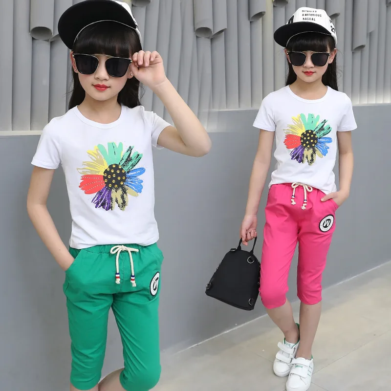 

2019 Summer Kids Girls Clothing Sets Children Clothes Sport Suit For Teenager Print Shorts Clothes Sets Girls Tracksuit