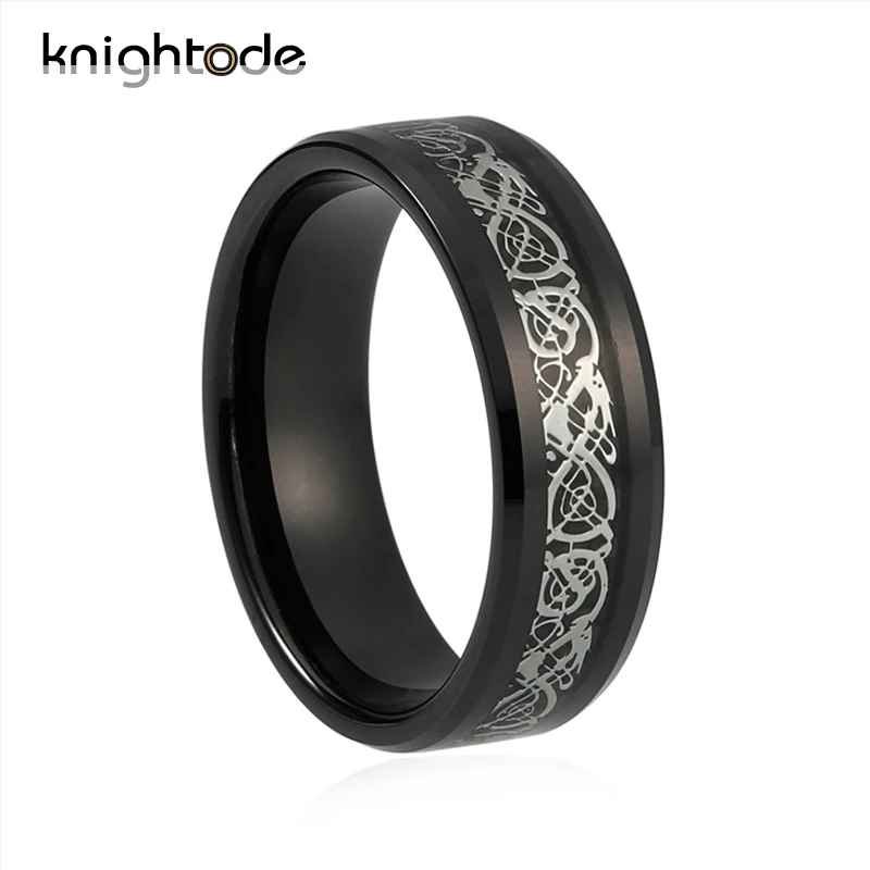 

Knightode 8mm Black Tungsten Carbide Ring For Men Women Silver Dragon With Carbon Fiber Inlay Polished Comfort Fit
