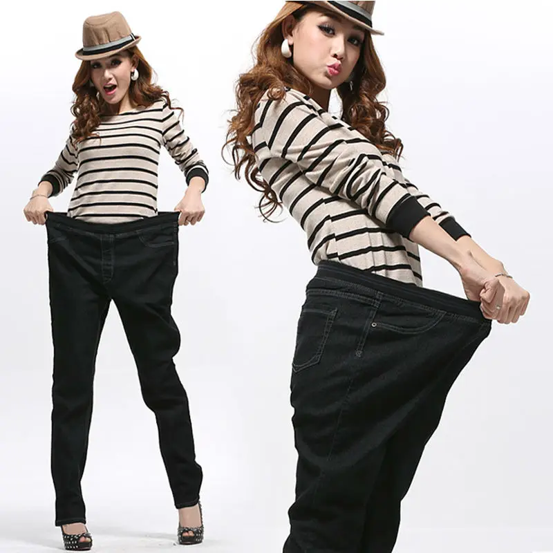 2017 Spring and Autumn Style Plus size 6XL 117Kg Women Jeans Show Thin Winter Female Pants Elastic elastic waist large