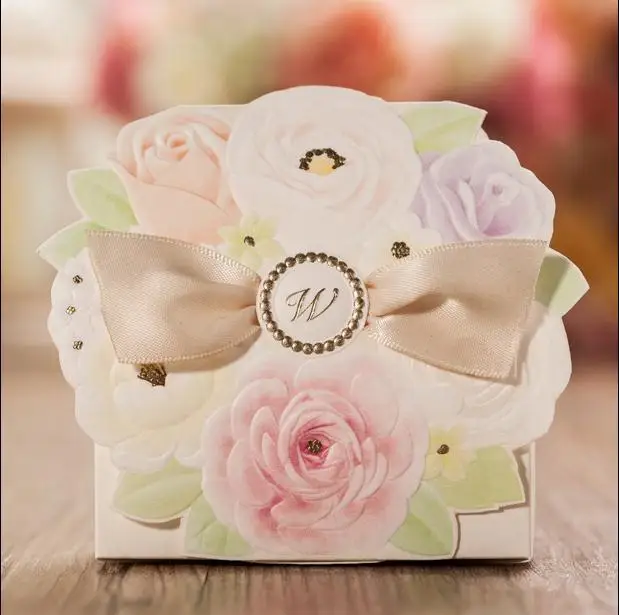 

Wedding Candy Bag Flower Korean Elegant Romantic Supplies Decoration Laser Cut Sweet Bow Bowknot Party Paper Gifts Favors Box