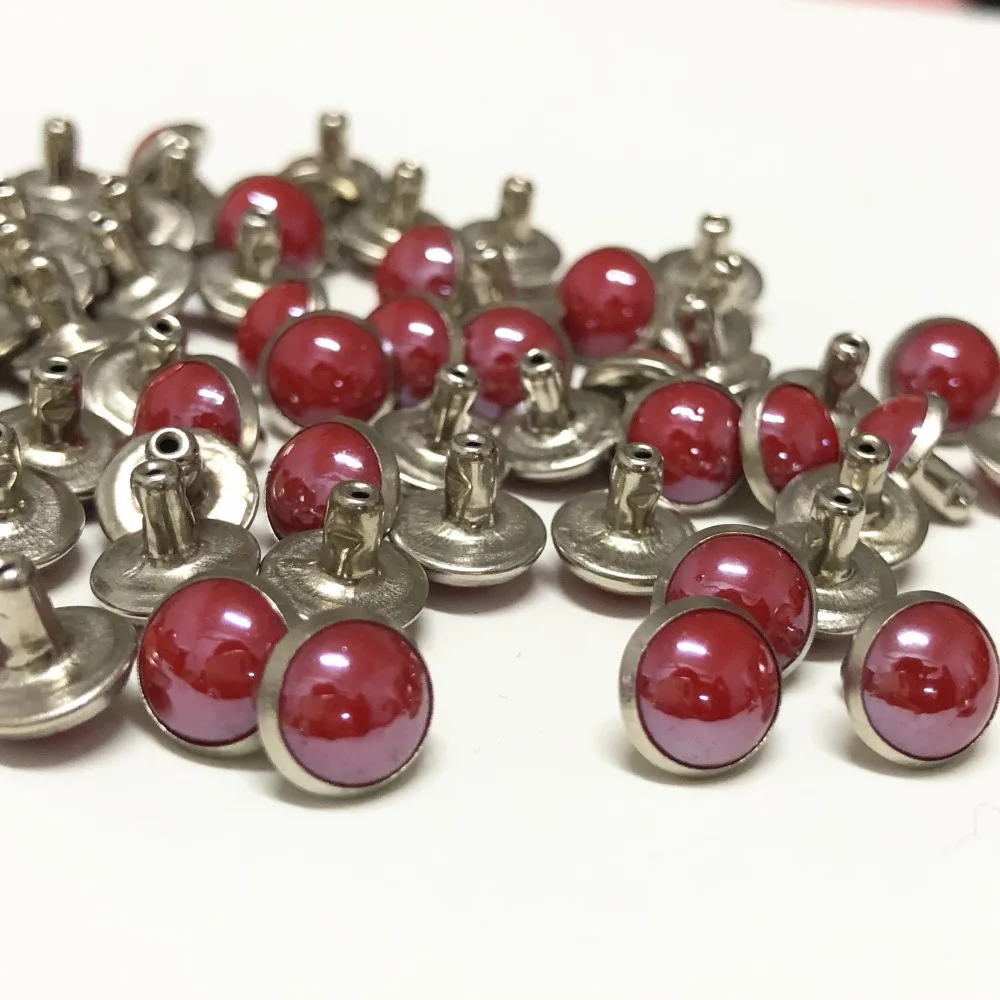 100 Sets 8MM Red Acrylic Imitation Ceramic Rivets Silver Plated Studs