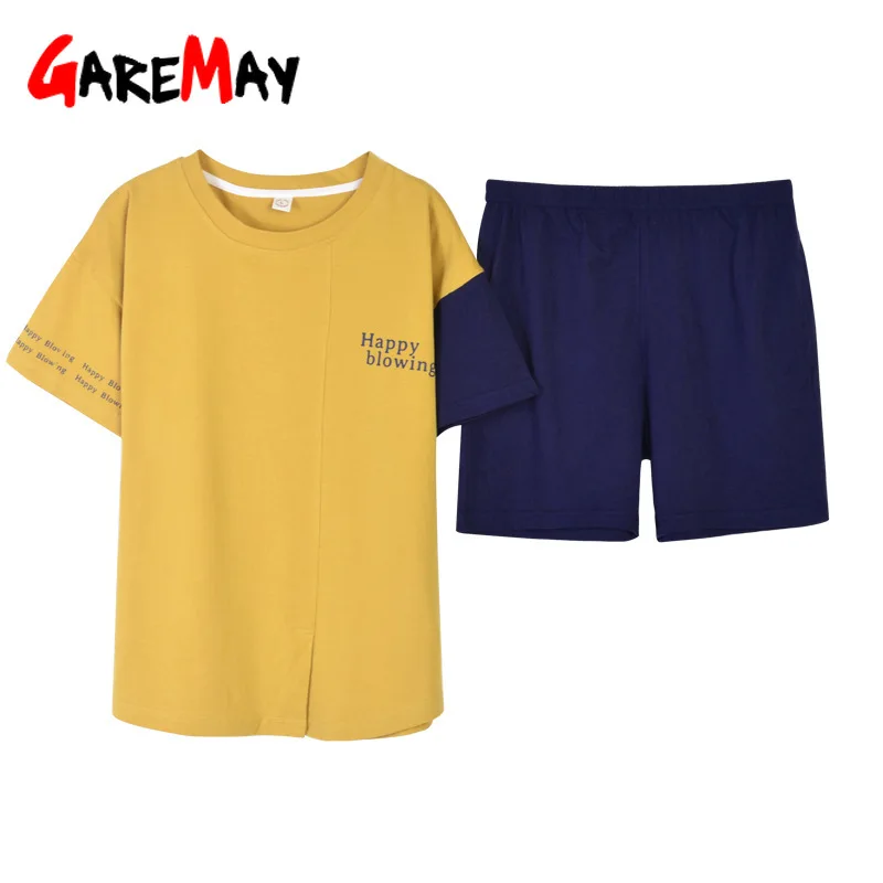 

Garemay Pajamas With Cotton Shorts Sleeve Sleepwear Casual Set Of Pajamas For Women Korean Women's Home Suits Female