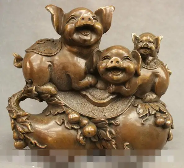 

S5442 10" Chinese FengShui Bronze Copper Happy Family 3 Fu Pig Statue On JiXiang Gourd