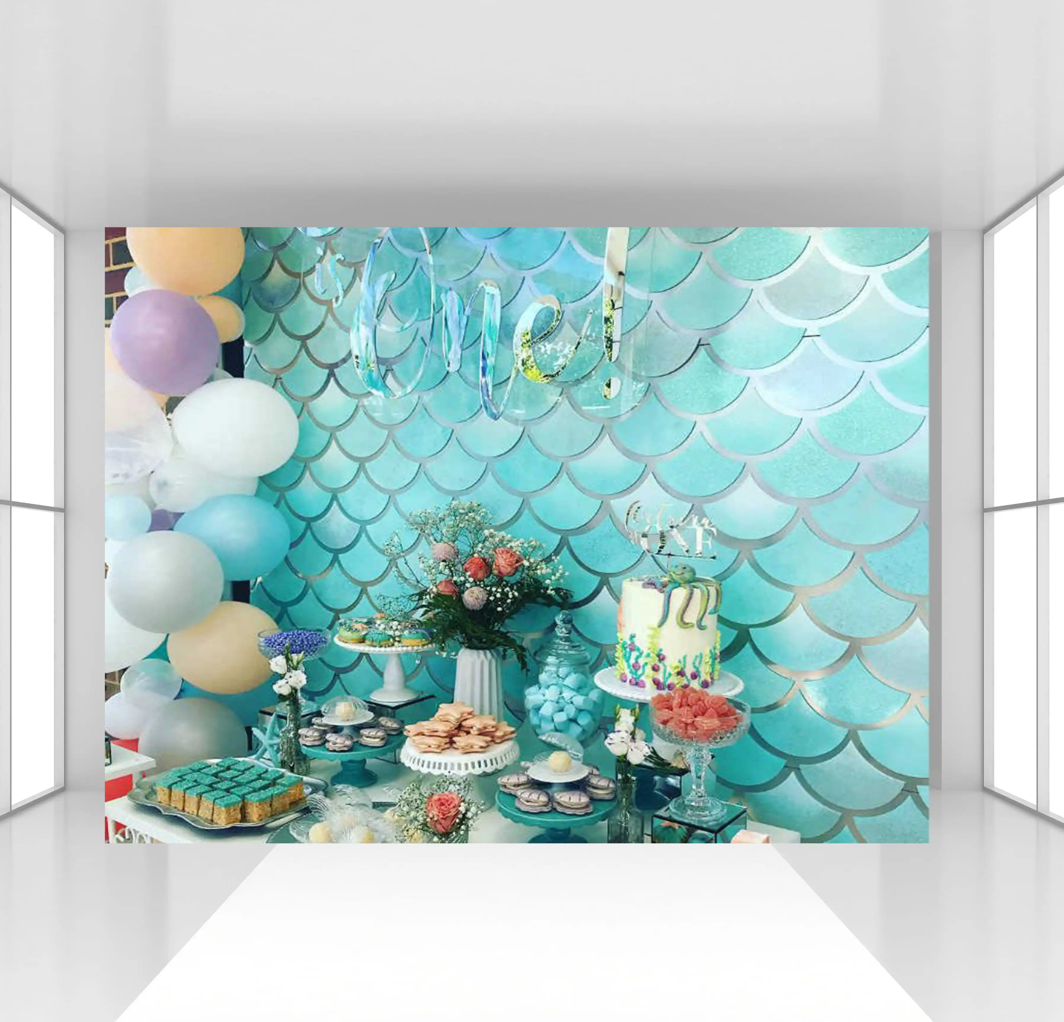 Huayi Mermaid Birthday Backdrop Custom Under Sea Turquoise Blue