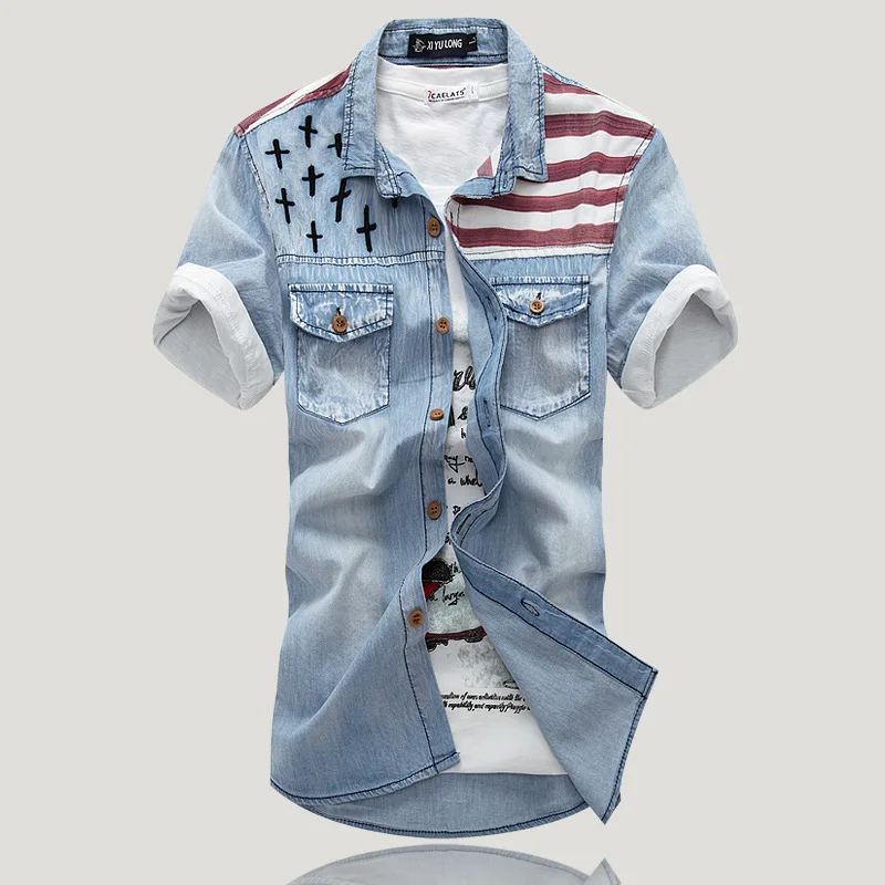 Men Fashion Denim shirt Flag Print 
