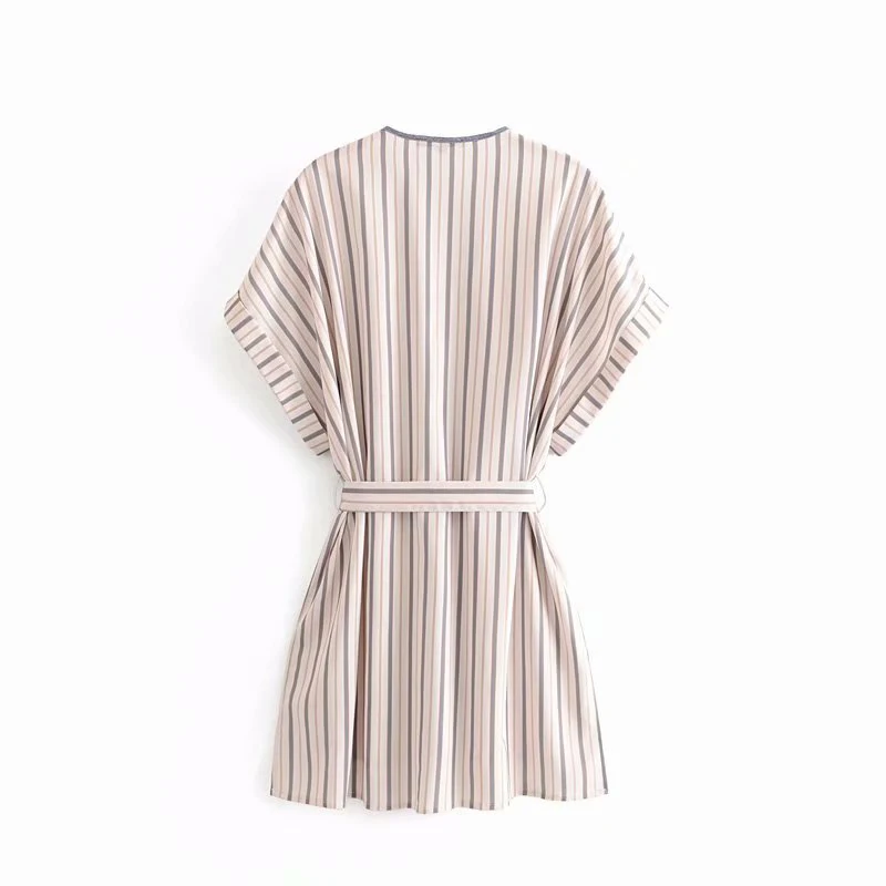 Stripe Shirt Split Dress Women's Casual Summer Short Sleeve V-Neck Slim Dress Fashion Beach Mini Dresses with Bow