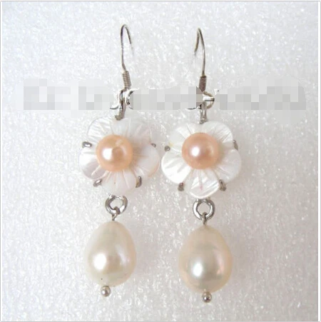 

WONDERFUL 15mm white seashell flower &nautral drip pearls earrings b1282Noble style Natural Fine jewe fast SHIPPING