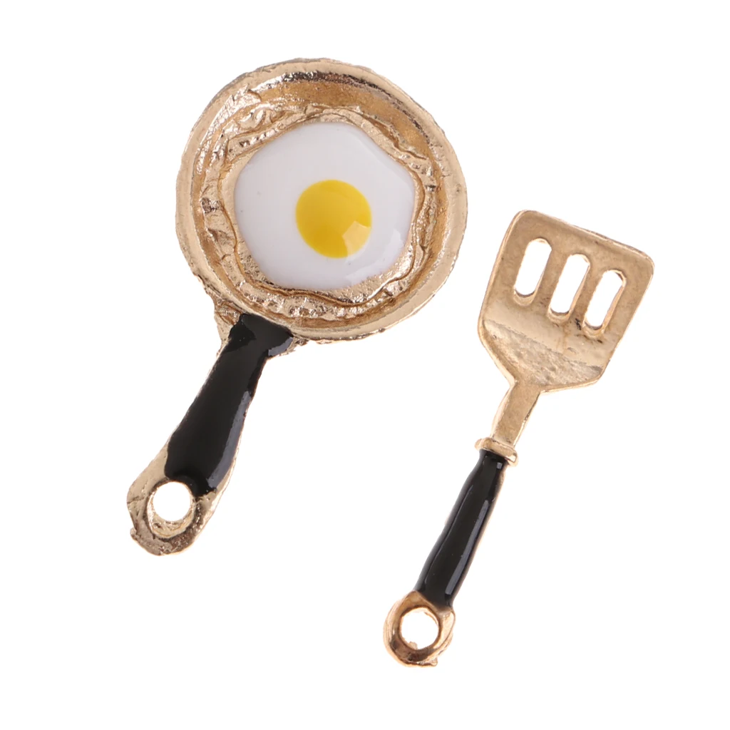 2 Pieces Miniature Frying Egg Pan Fork Set for 1/12 Dolls House Kitchen Cookware Accessories Kids Kitchen Play Toy Black