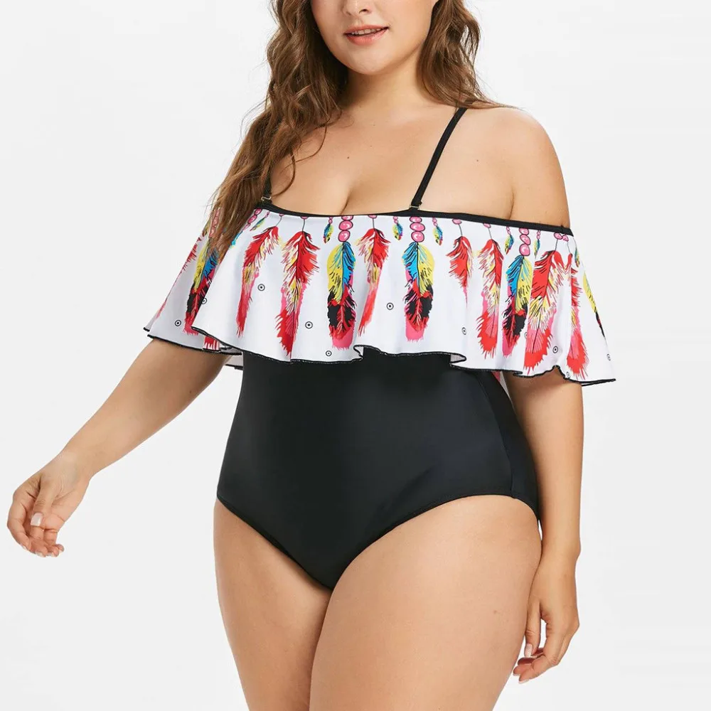 2019 Women's plus-size sexy summer bikinis set  feather print one-piece ruffled swimsuit push up bikinis mujer brasile a 40J8 (10)
