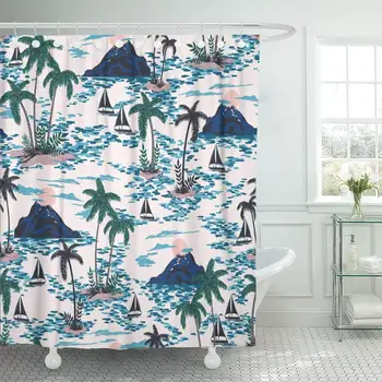 

Waterproof Shower Curtains Retro Hawaii with Mountain Sunset Palm Trees Boats Colorful Bright Artistic Tropic Extra Long